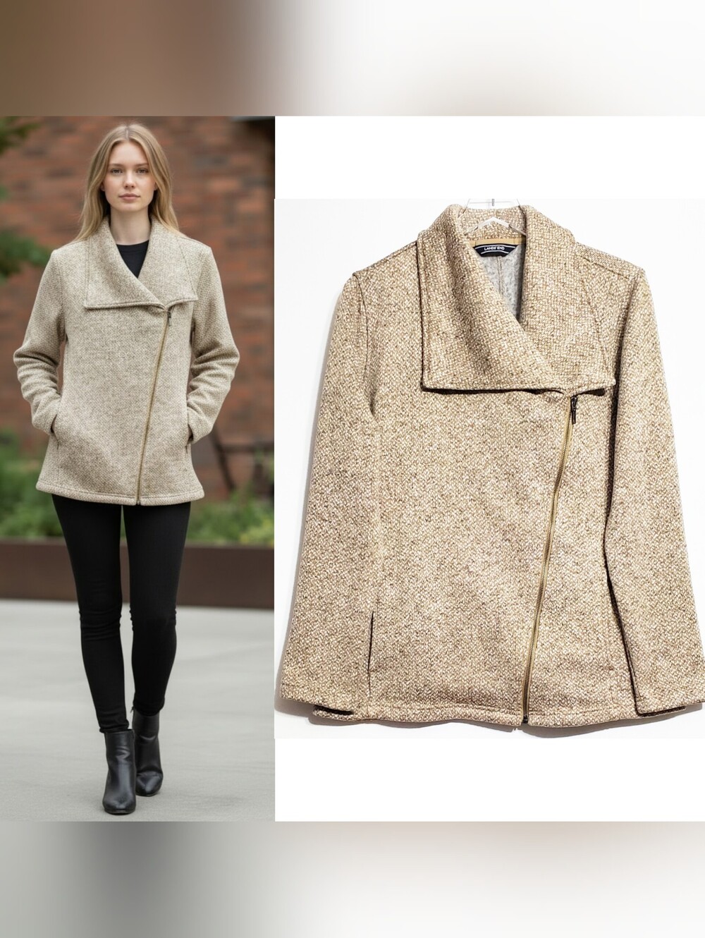 Lands End medium fleece knit zip up jacket beige pockets winter layering preppy